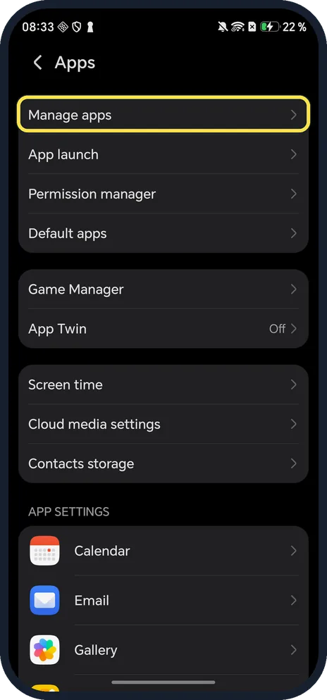 Android screenshot: Tap Manage apps