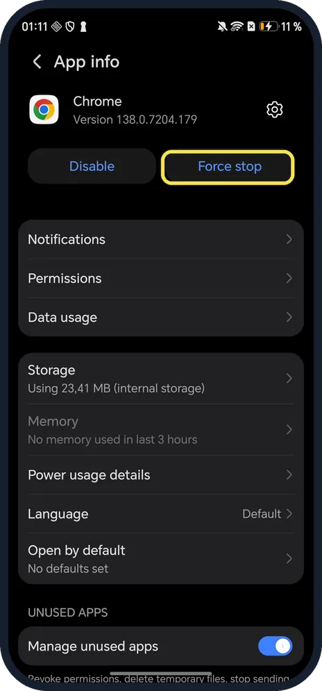 Android screenshot: Tap Force stop