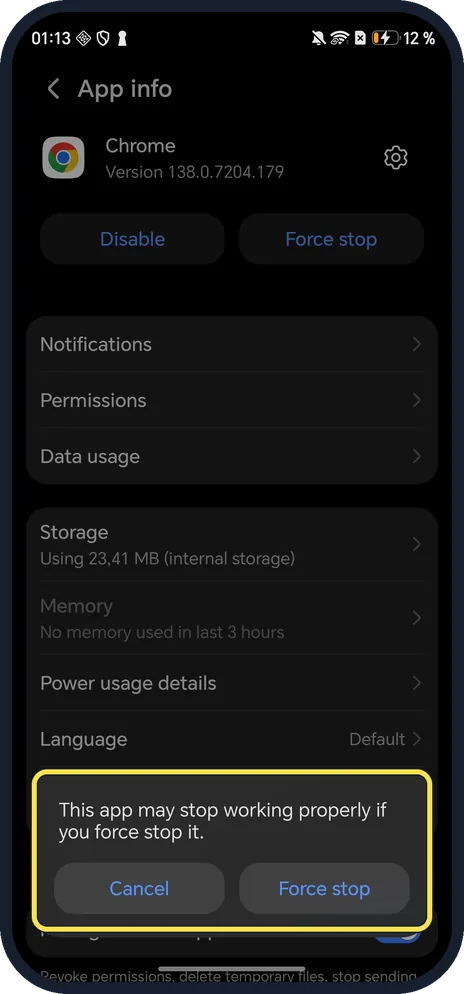 Android screenshot: Tap Force stop again to confirm