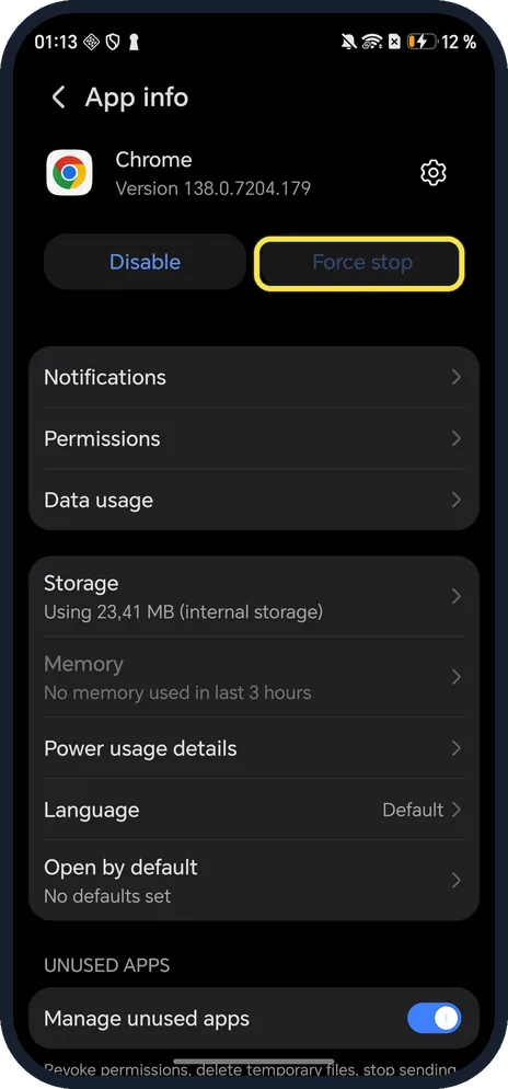 Android screenshot: Check it stopped