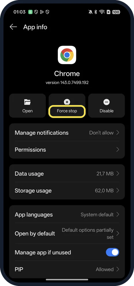 Android screenshot: Tap Force stop