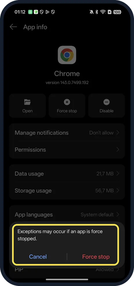 Android screenshot: Confirm with Force stop