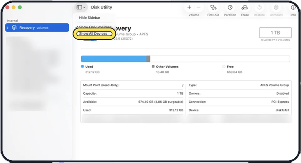 Mac screenshot: Show all devices and select the drive