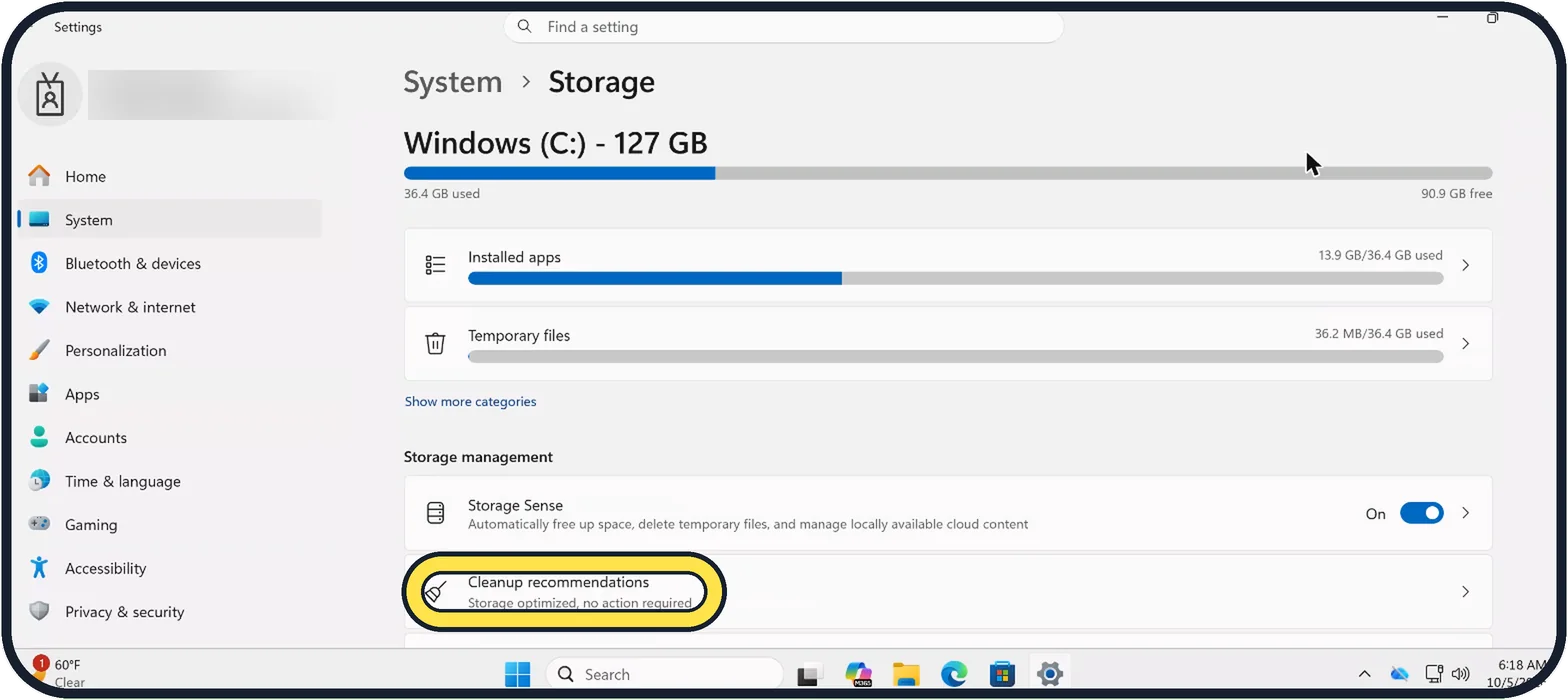 Windows screenshot: Open Cleanup recommendations