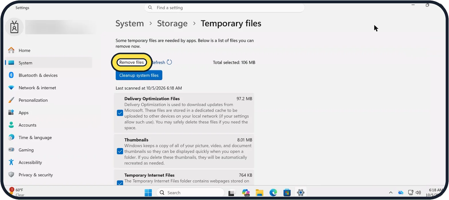 Windows screenshot: Remove temporary files