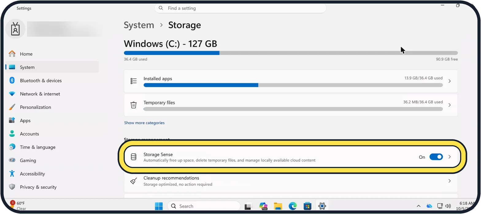Windows screenshot: Switch on Storage Sense