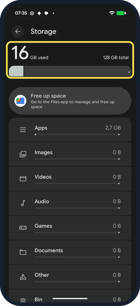 Android screenshot: Open Storage