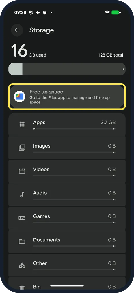 Android screenshot: Tap Free up space