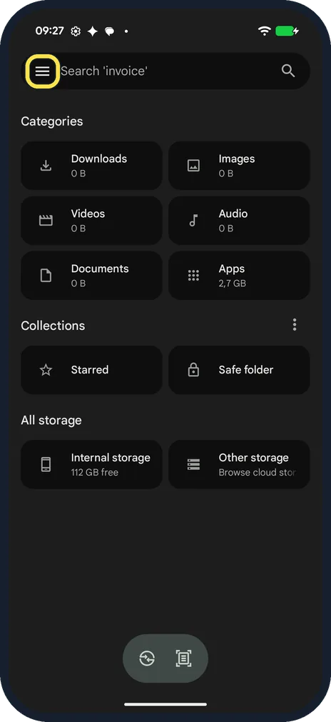 Android screenshot: Or start in the Files app