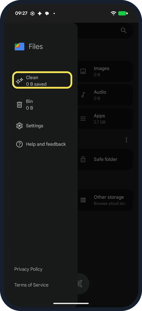 Android screenshot: Tap Clean