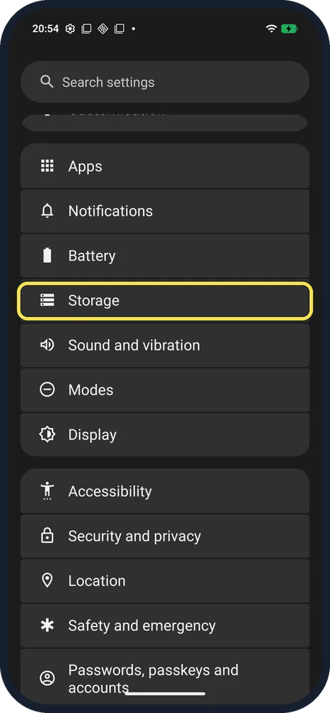 Android screenshot: Open Storage