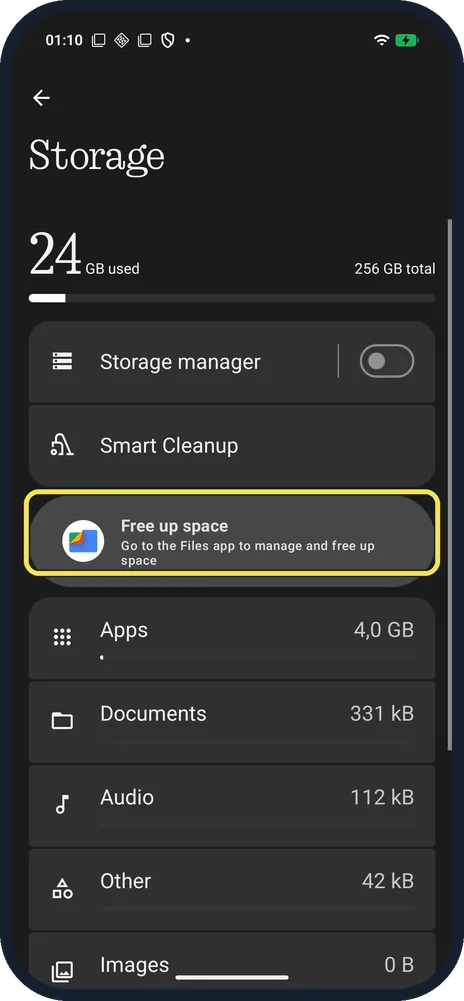 Android screenshot: Tap Free up space