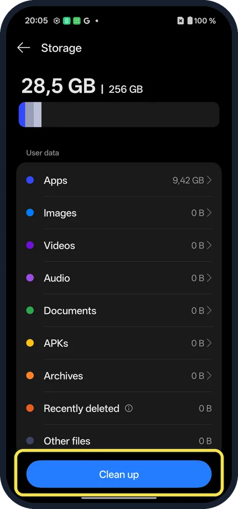 Android screenshot: Tap Clean up