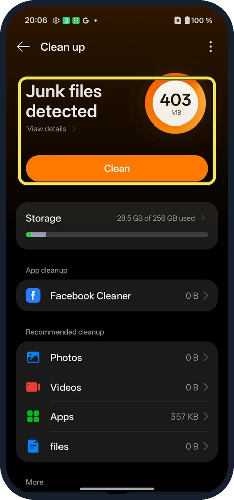 Android screenshot: Clean junk