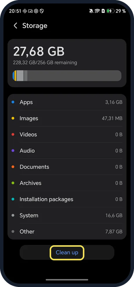 Android screenshot: Tap Clean up