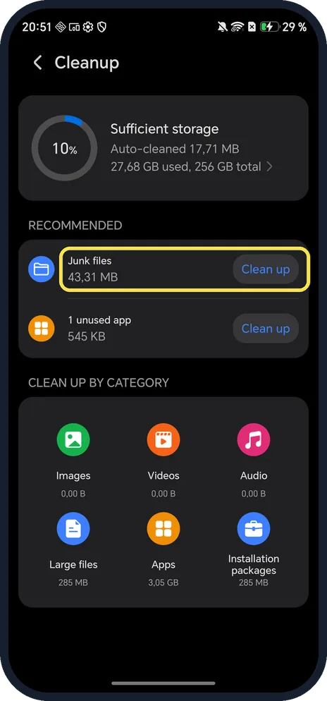 Android screenshot: Clean up junk files