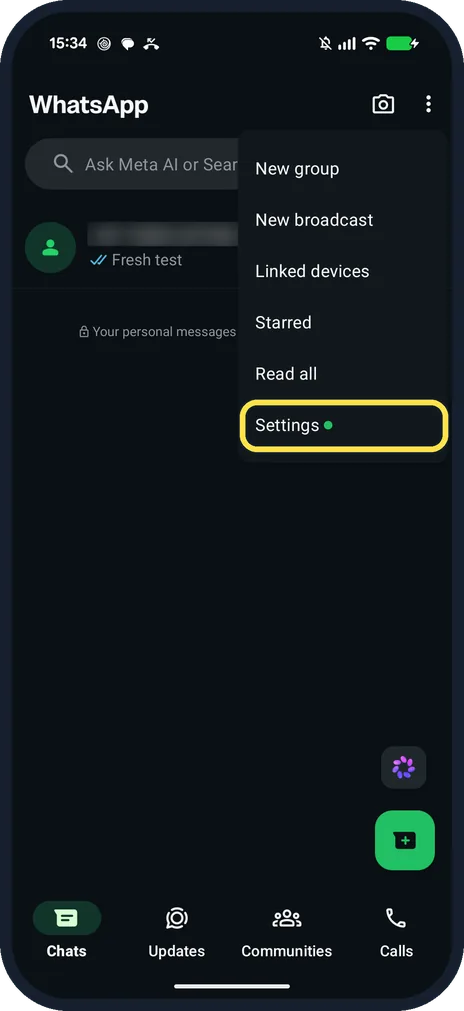 Android screenshot: Open WhatsApp Settings