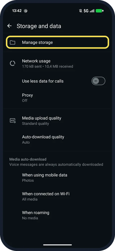 Android screenshot: Tap Manage storage