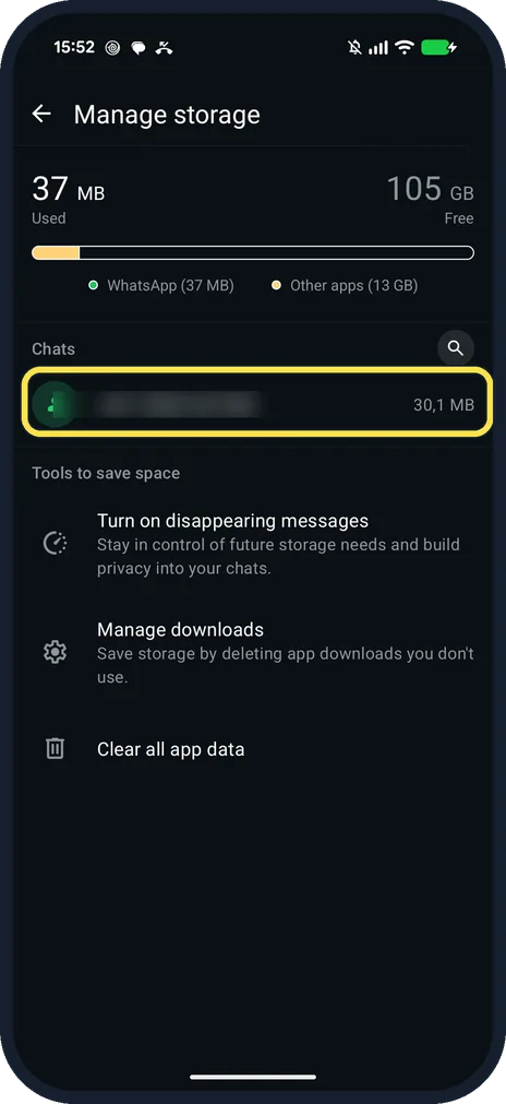 Android screenshot: Tap the chat that uses the most