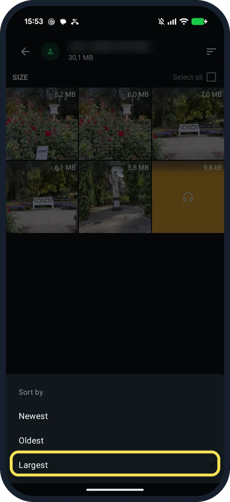 Android screenshot: Sort by Largest