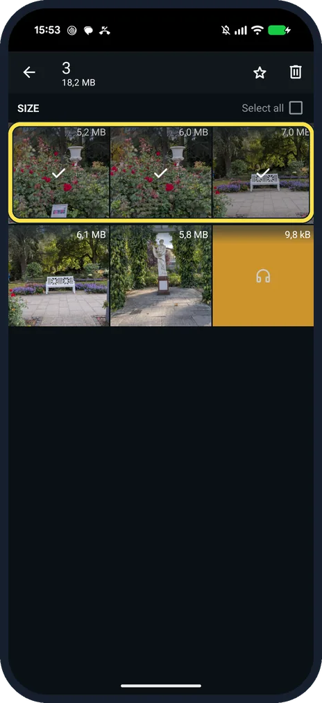 Android screenshot: Touch and hold the files to delete