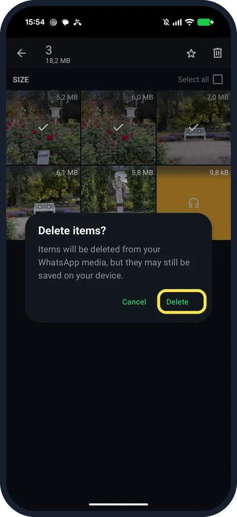 Android screenshot: Tap Delete