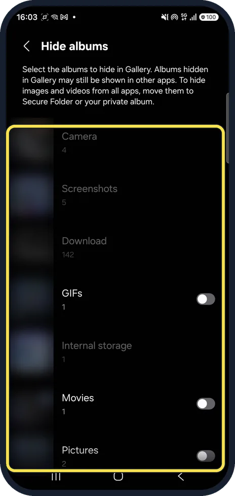 Android screenshot: Choose the albums
