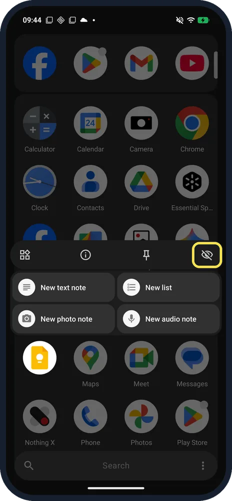 Android screenshot: Touch and hold the app, then tap the crossed-out eye