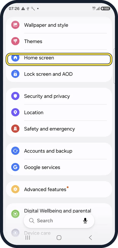 Android screenshot: Open Home screen settings