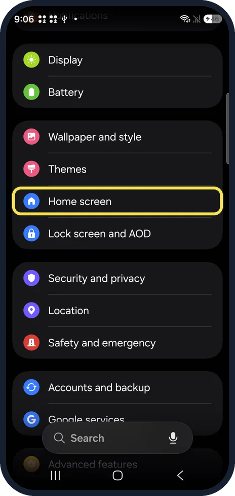Android screenshot: Open Home screen settings