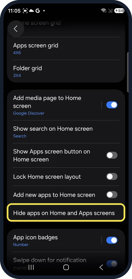 Android screenshot: Tap Hide apps on Home and Apps screens