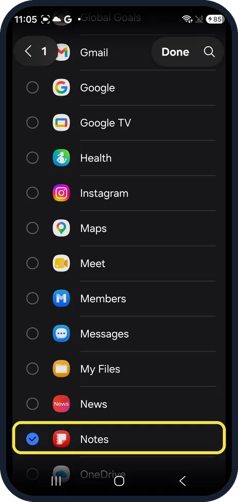 Android screenshot: Tick the apps and tap Done