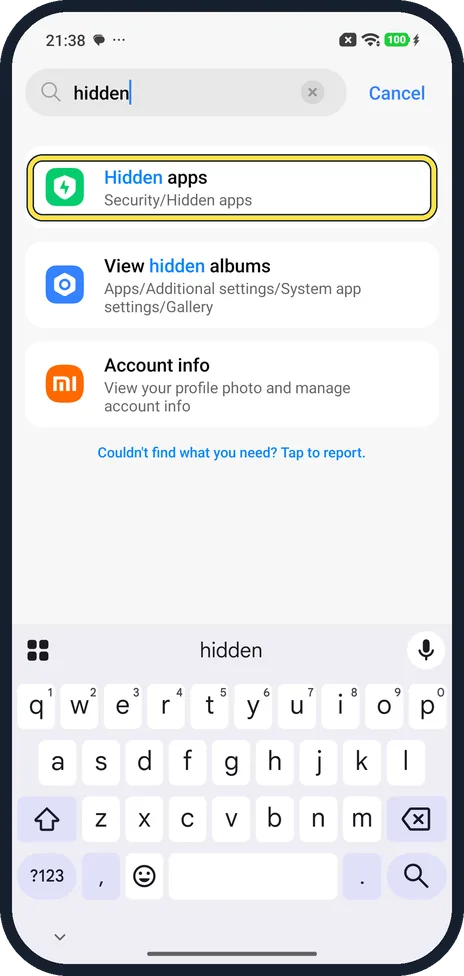 Android screenshot: Search Settings for hidden