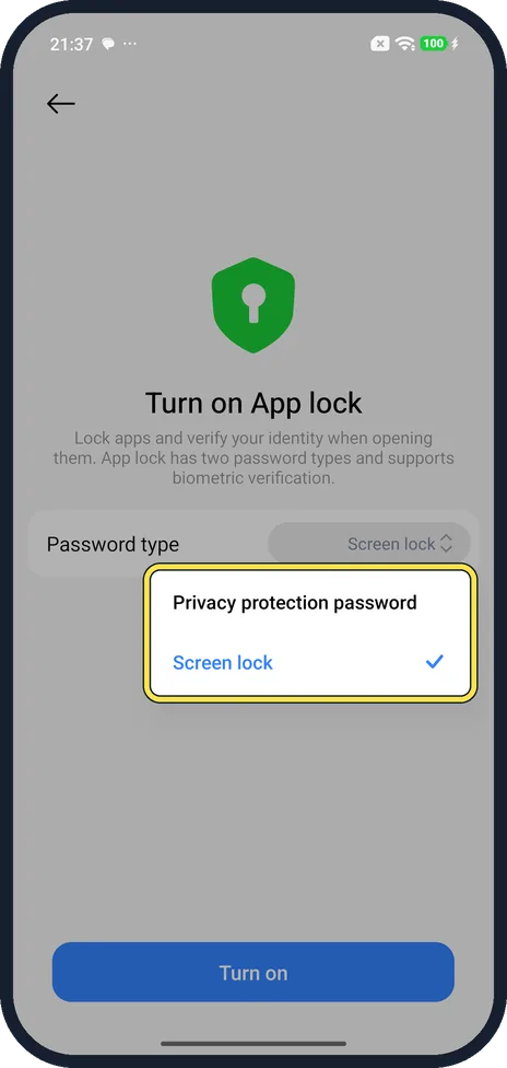 Android screenshot: Choose the password type
