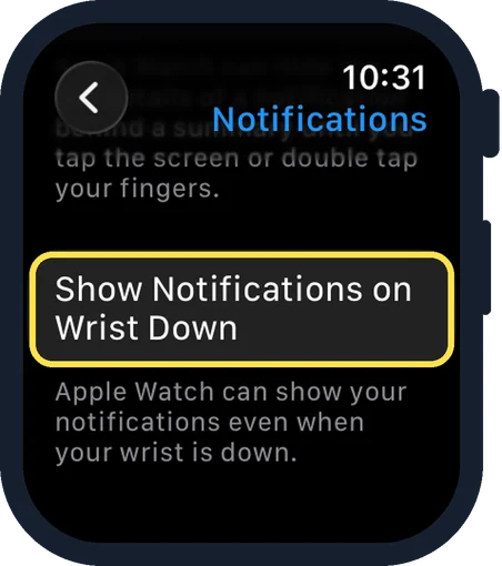 Apple Watch screen: Look at Show Notifications on Wrist Down