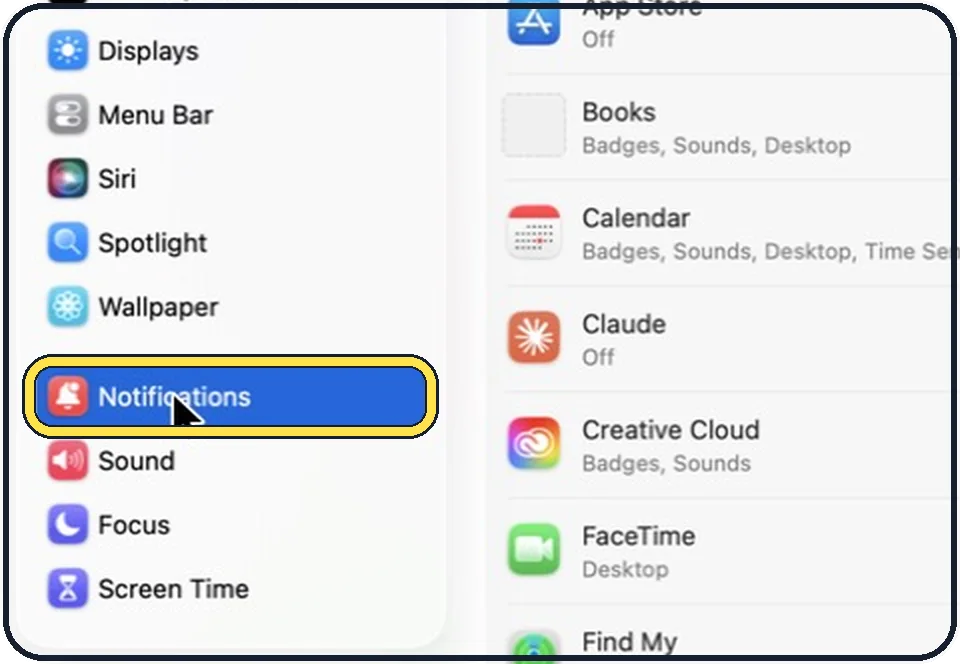 Mac screenshot: Click Notifications in the sidebar