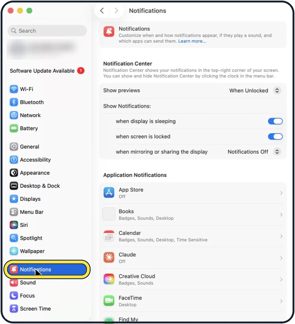Mac screenshot: Click Notifications in the sidebar