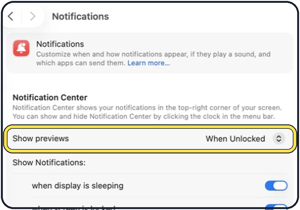 Mac screenshot: Set Show previews