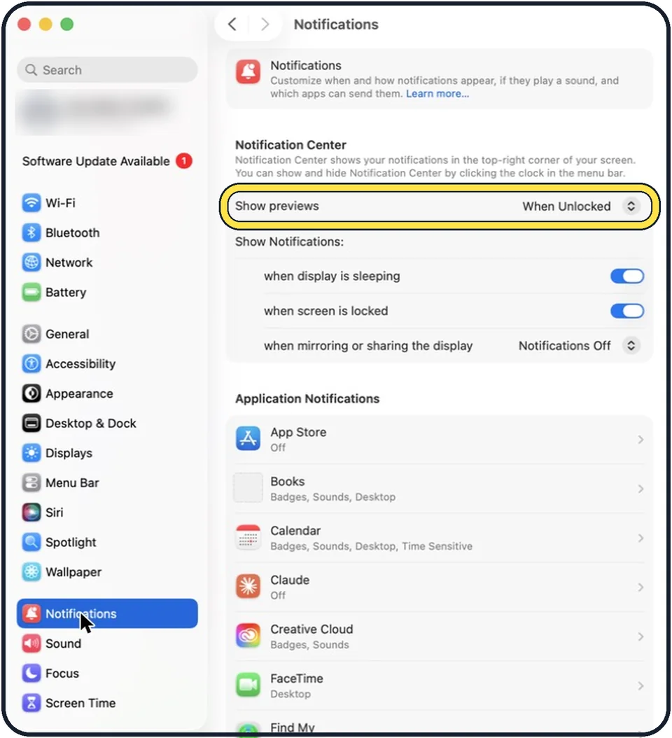 Mac screenshot: Set Show previews