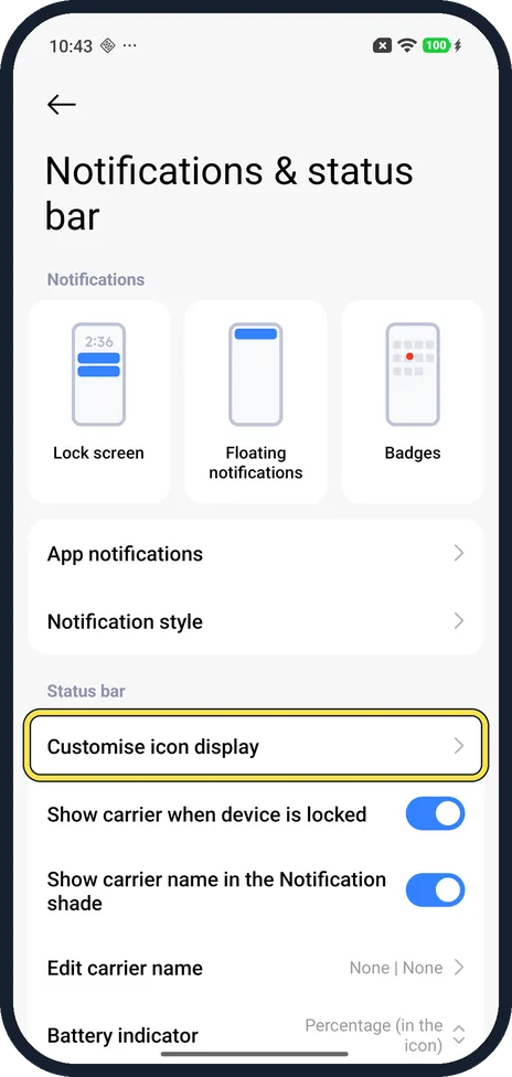 Android screenshot: Tap Customise icon display