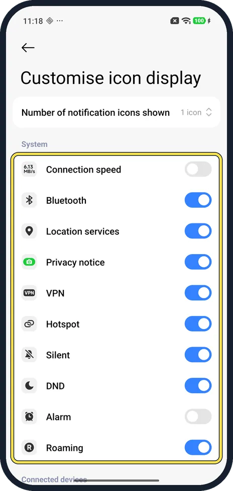 Android screenshot: Hide or show System icons