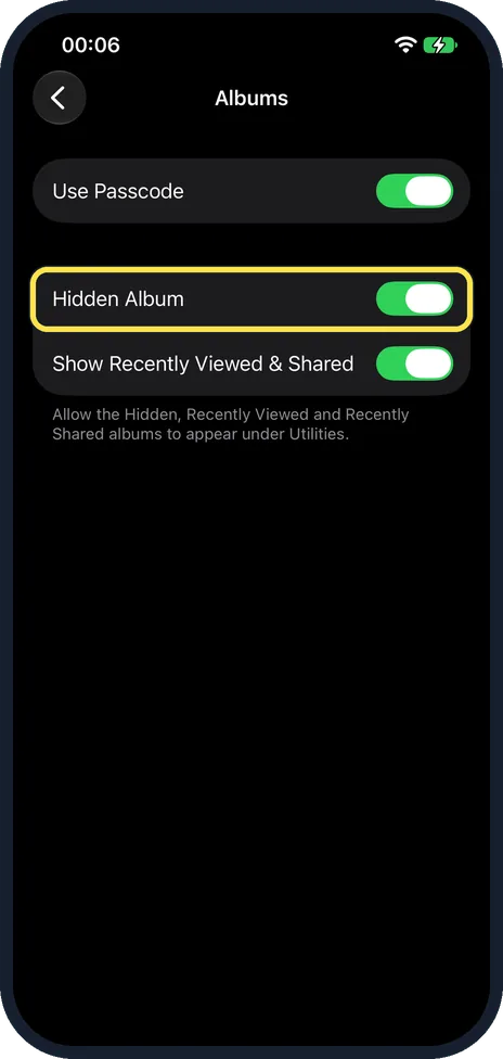 iPhone screen: Hide the Hidden album itself