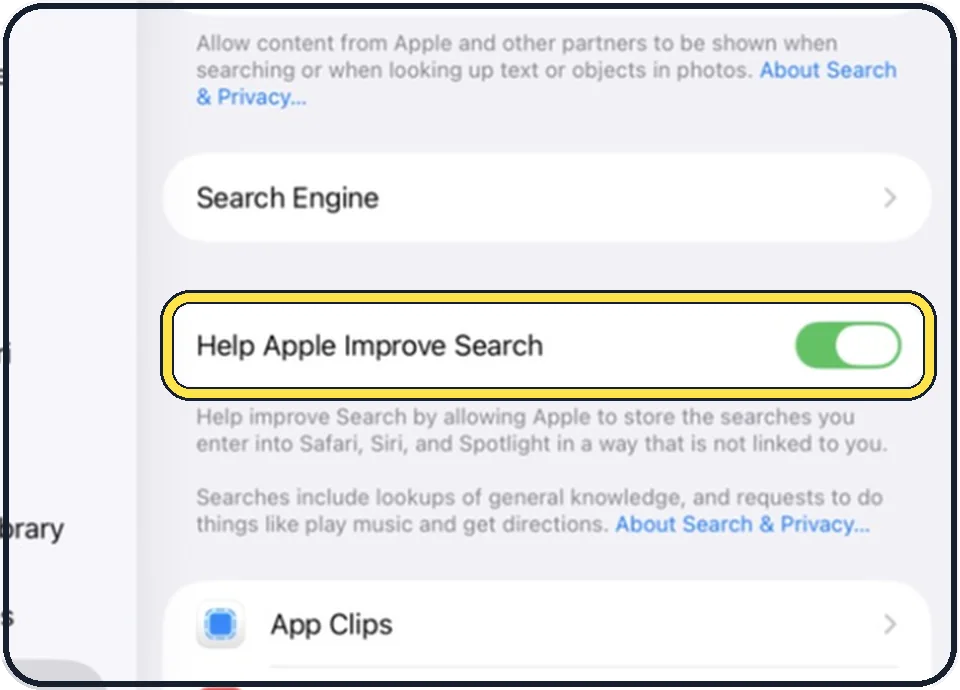 iPad screenshot: Decide about Help Apple Improve Search