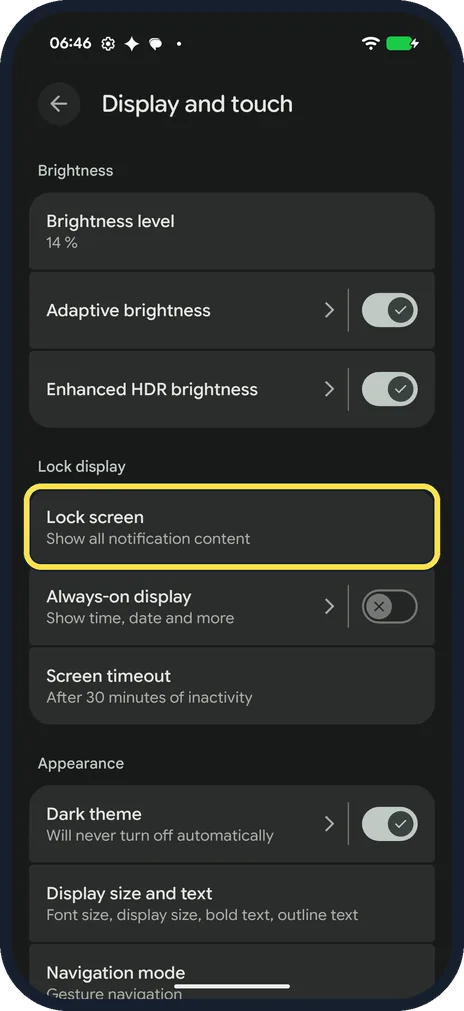 Screenshot from the guide: How to hide sensitive content on the lock screen on a Google Pixel (Android 17)