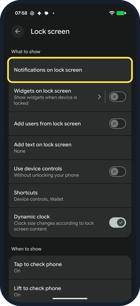 Android screenshot: Tap Notifications on lock screen