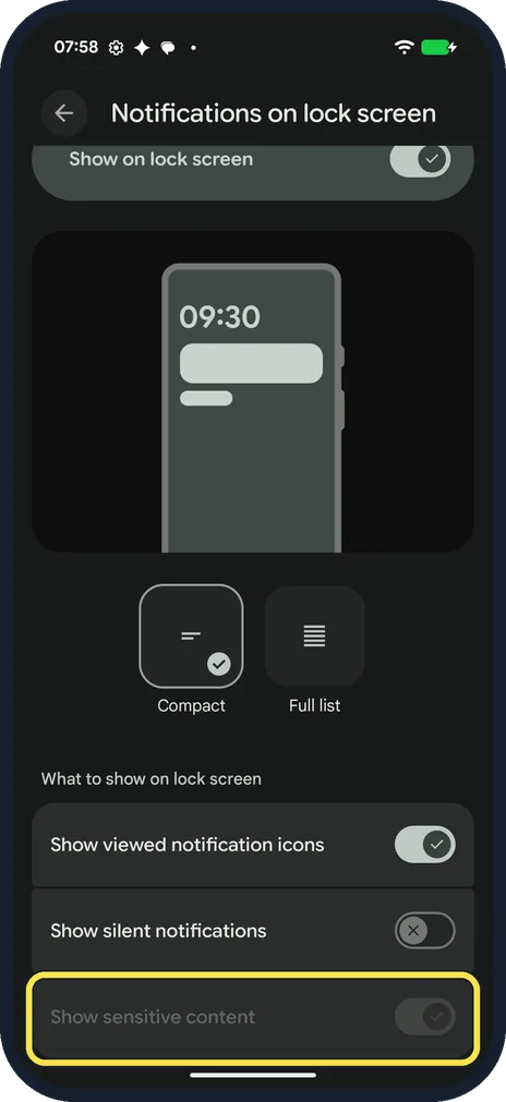Android screenshot: Turn off Show sensitive content