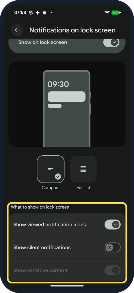Android screenshot: Choose what else shows