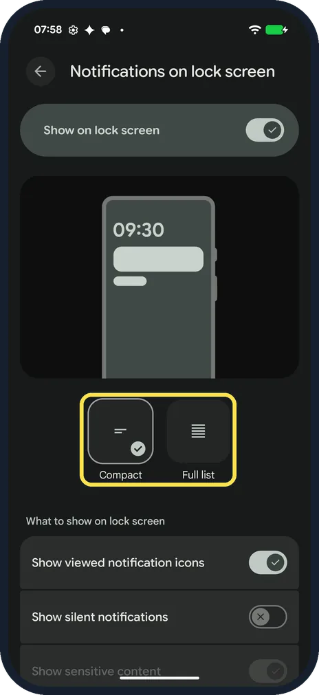 Android screenshot: Compact or Full list