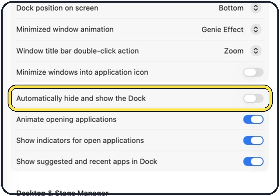Mac screenshot: Switch on Automatically hide and show the Dock