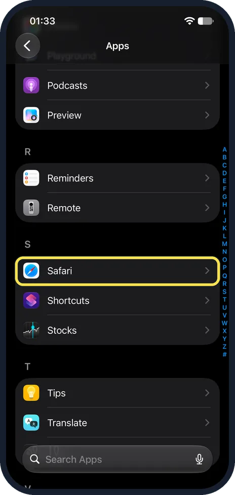 iPhone screen: Tap Safari